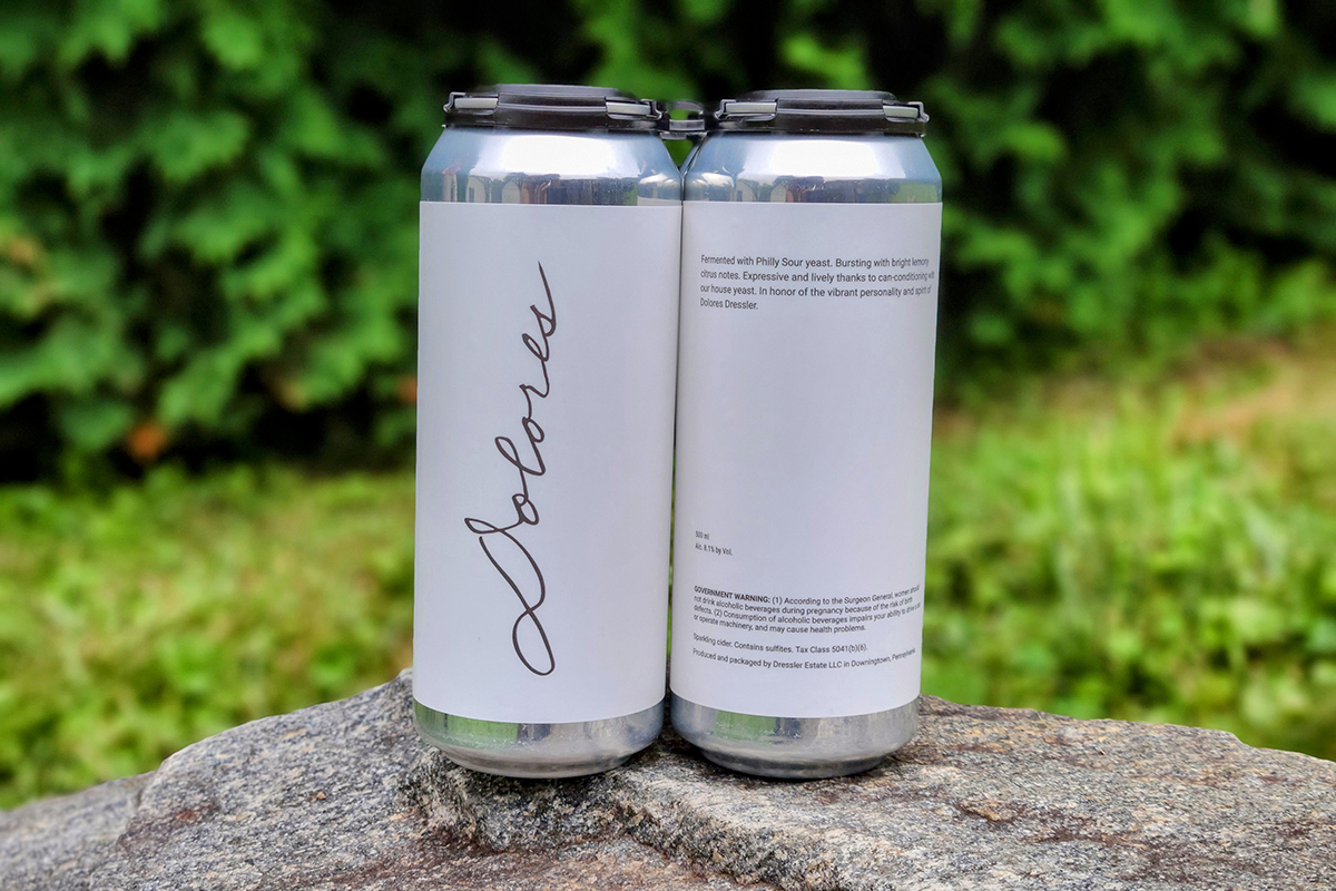 A 4-pack of Dolores cans sitting on top of a granite stone with grass and trees in the background.