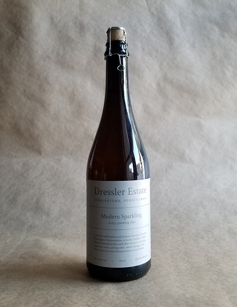 A 750mL bottle of Dressler Estate's Modern Sparkling cider.