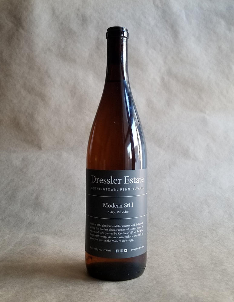 A 750mL bottle of Dressler Estate's Modern Still cider.